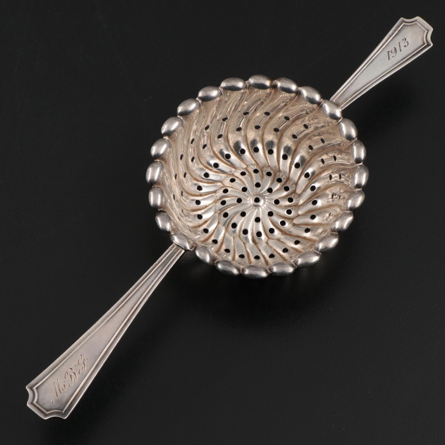 Sterling Silver Over Cup Tea Strainer Spoon, Early 20th Century