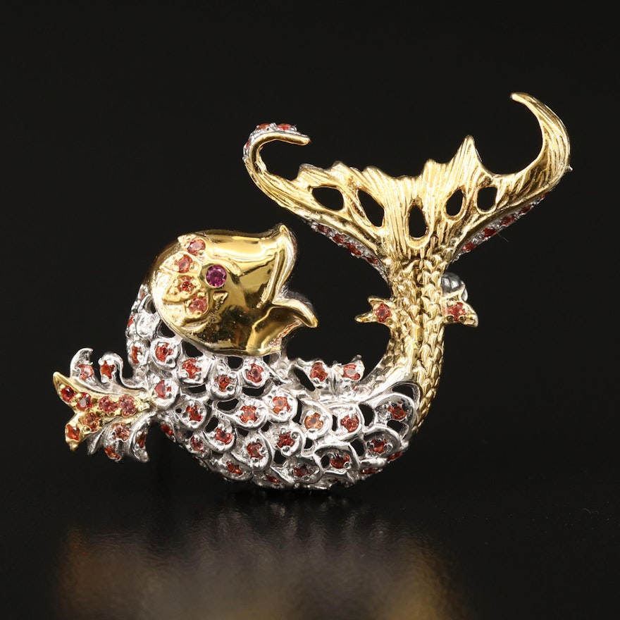 Sterling Sapphire and Garnet Fish Converter Brooch