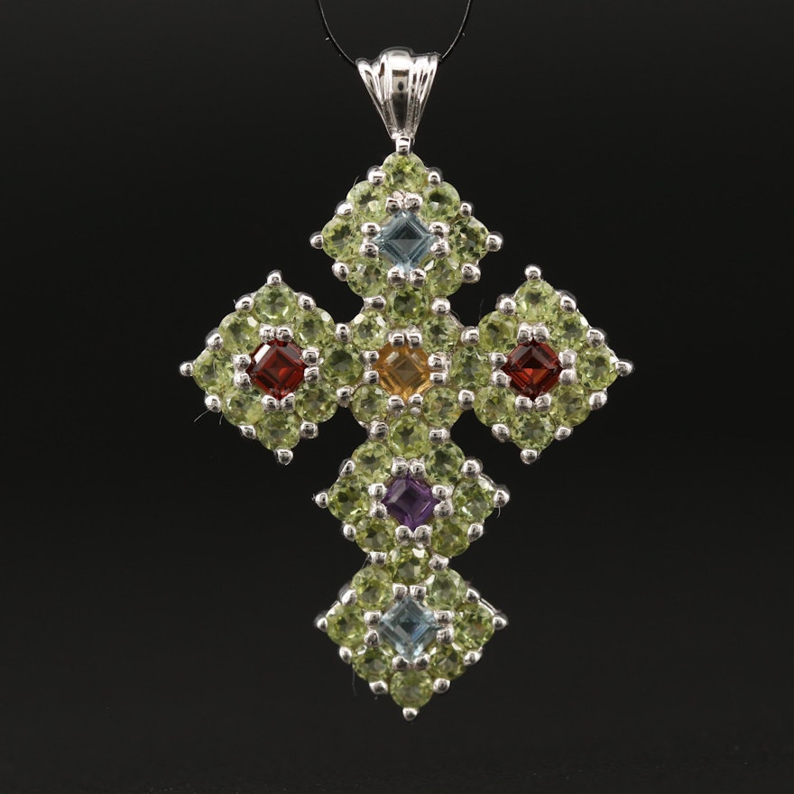 Sterling Silver Topaz, Garnet and Peridot Cross Pendant