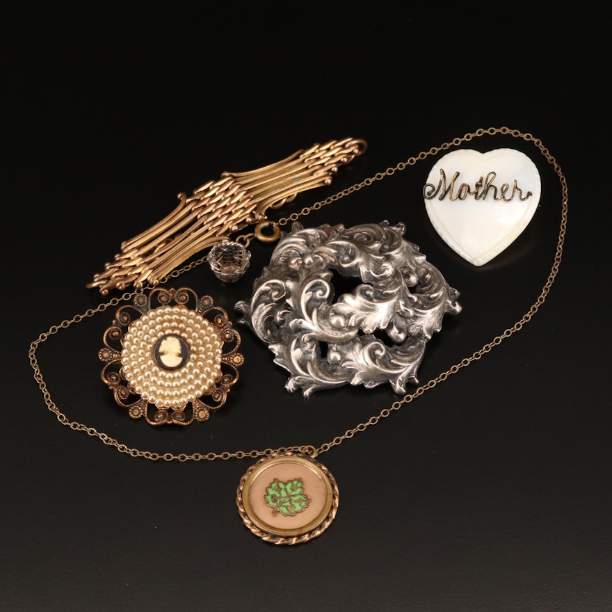 Vintage Jewelry Featuring Sterling Basket Charm and Mother of Pearl Heart Brooch
