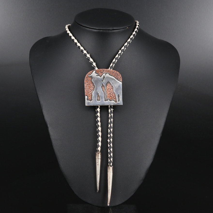 Southwestern Style Artist Signed Sterling Silver Bolo Tie