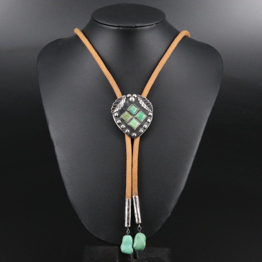 Artist Signed Southwestern Style Sterling Silver and Turquoise Bolo Tie
