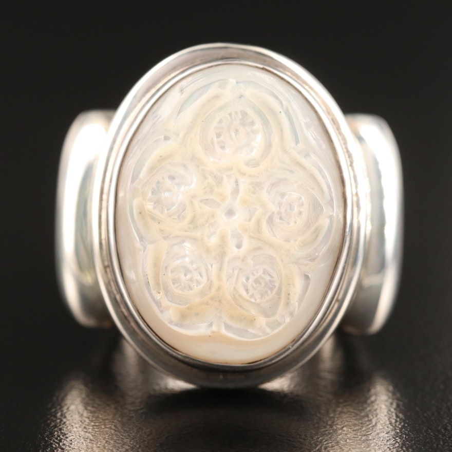 Laurent Léger 950 Silver Carved Mother of Pearl Floral Ring