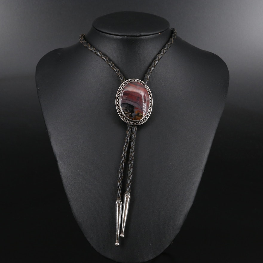 Southwestern Style Sterling Silver Agate Bolo Tie