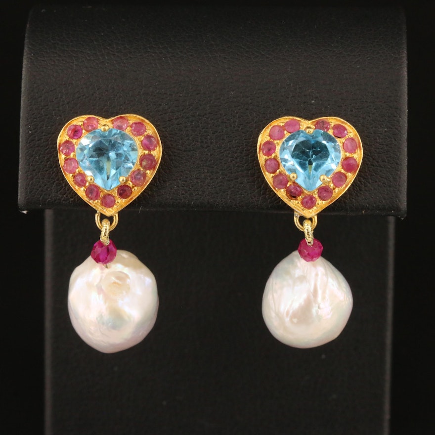 Sterling Silver Pearl, Topaz and Corundum Heart Motif Dangle Earrings