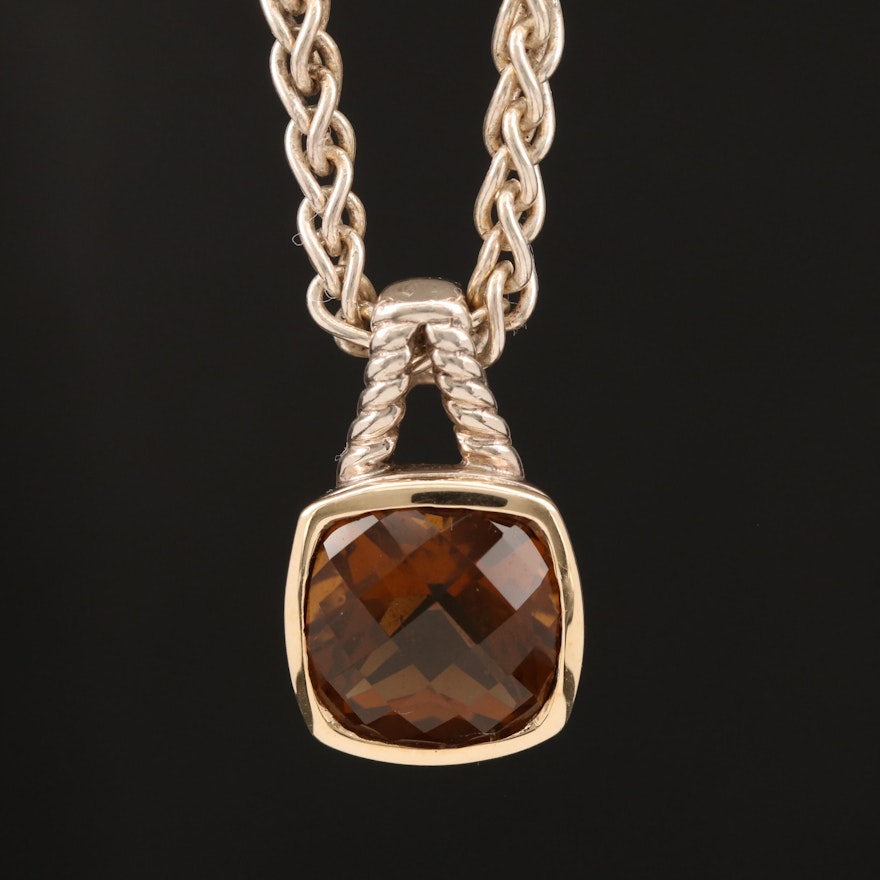 970 Silver Citrine Pendant with 18K Accent and Sterling Silver Wheat Necklace