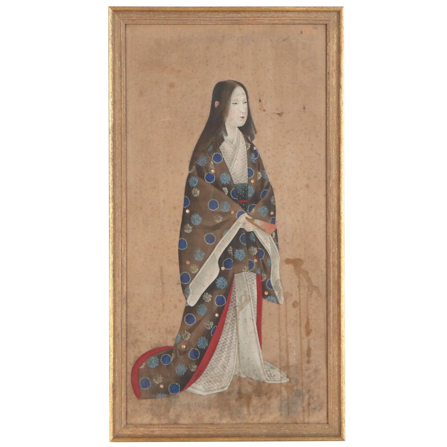 Japanese Gouache Painting of Standing Woman, Late 19th to Early 20th Century