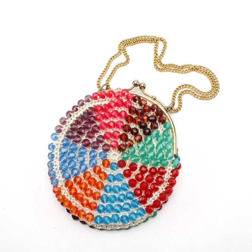 Multicolor Beaded Kiss Lock Shoulder Bag with Chain Strap