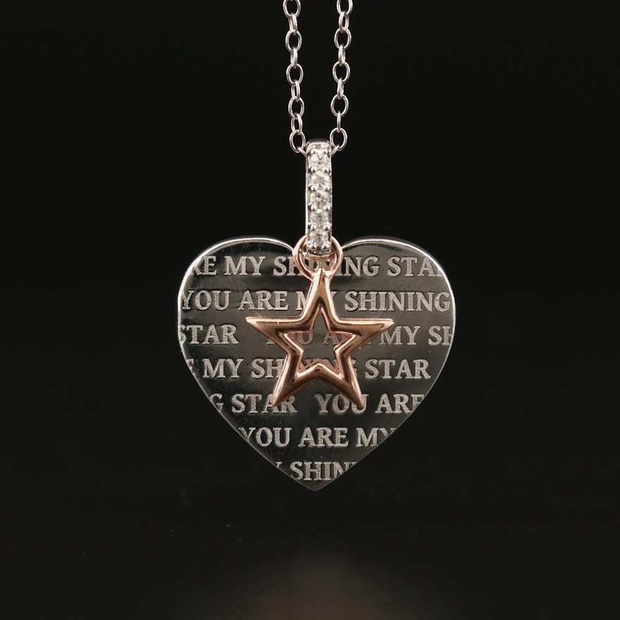 "You Are My Shining Star" Sterling Silver Diamond Heart Pendant Necklace