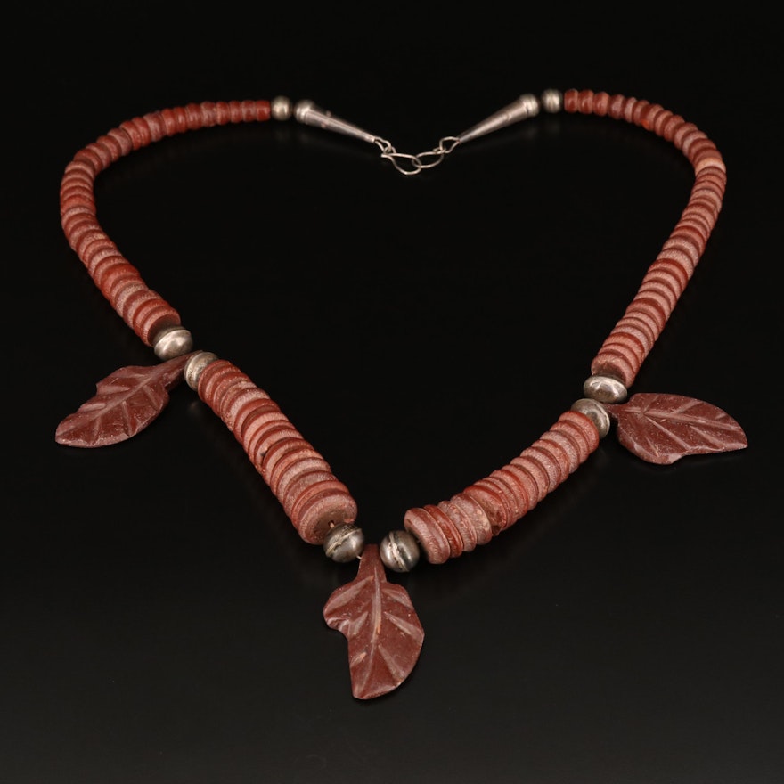 Carved Foliate Motif Catlinite Necklace with 800 Silver Beads and Sterling Clasp