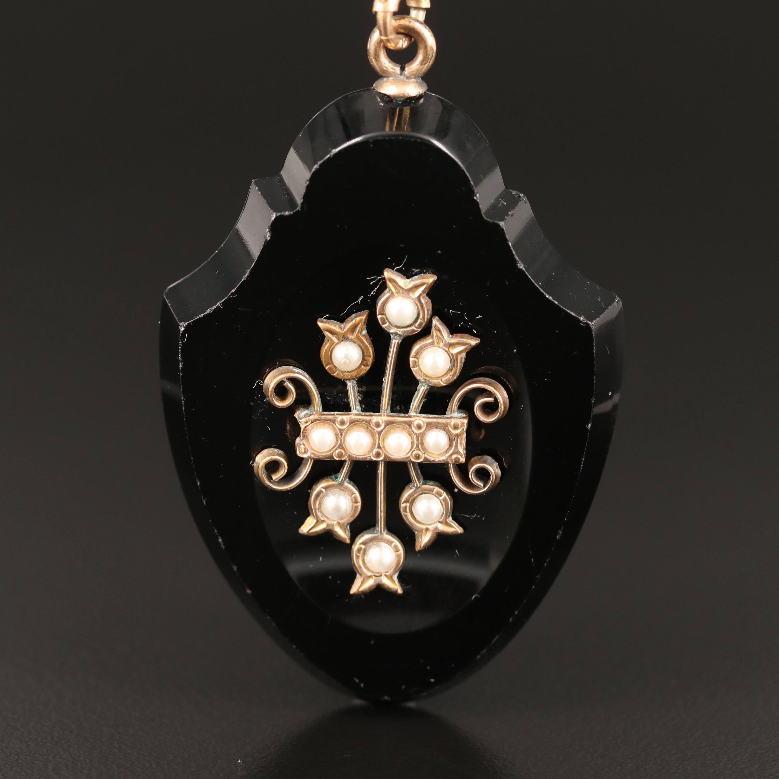 Mid Victorian 14K Black Onyx and Pearl Mourning Necklace