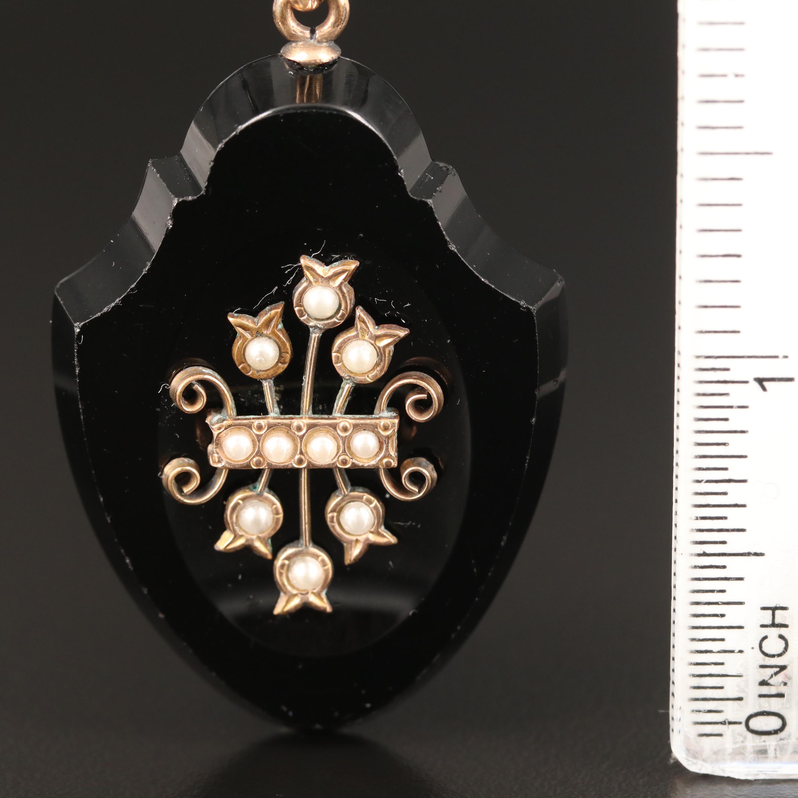 Mid Victorian 14K Black Onyx and Pearl Mourning Necklace