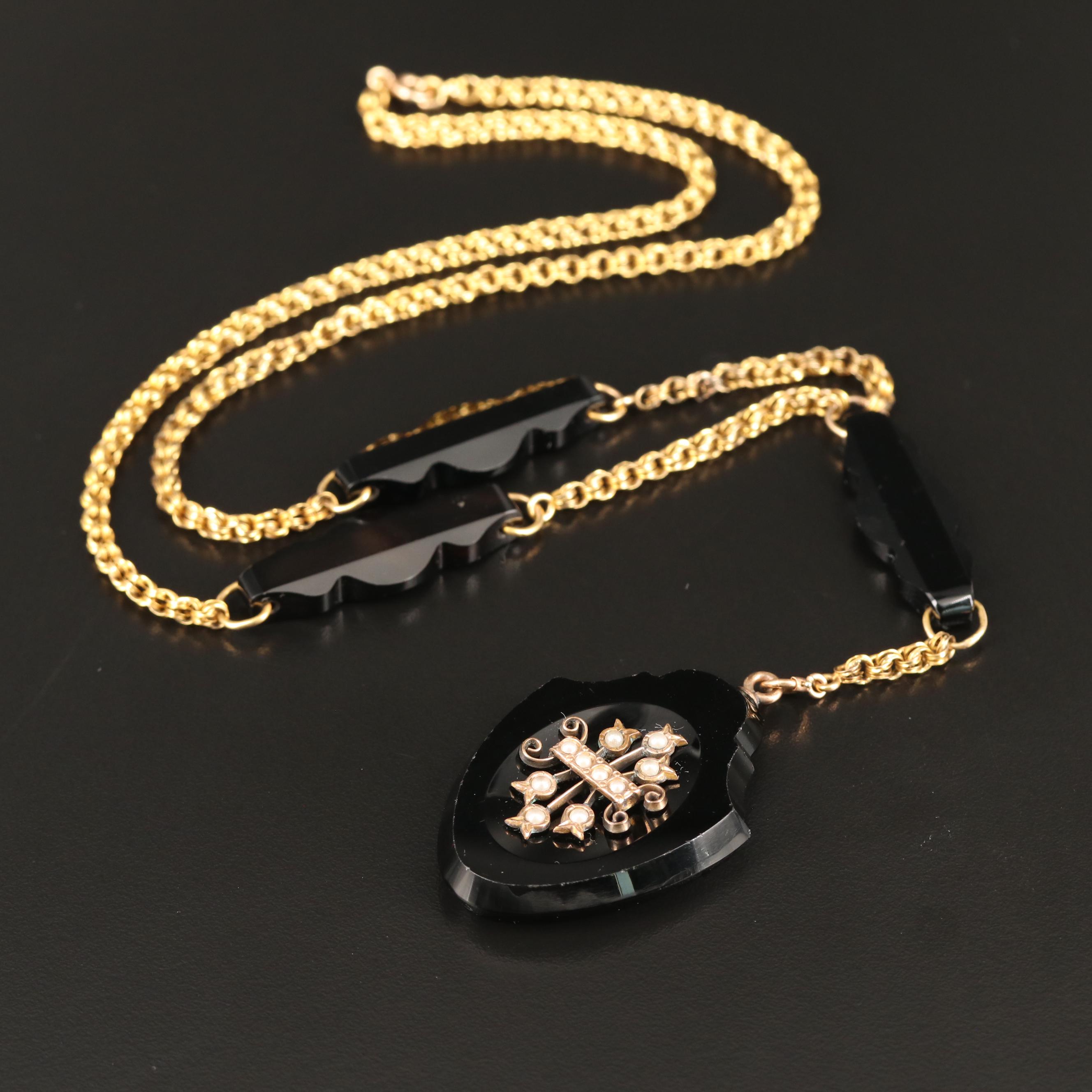 Mid Victorian 14K Black Onyx and Pearl Mourning Necklace