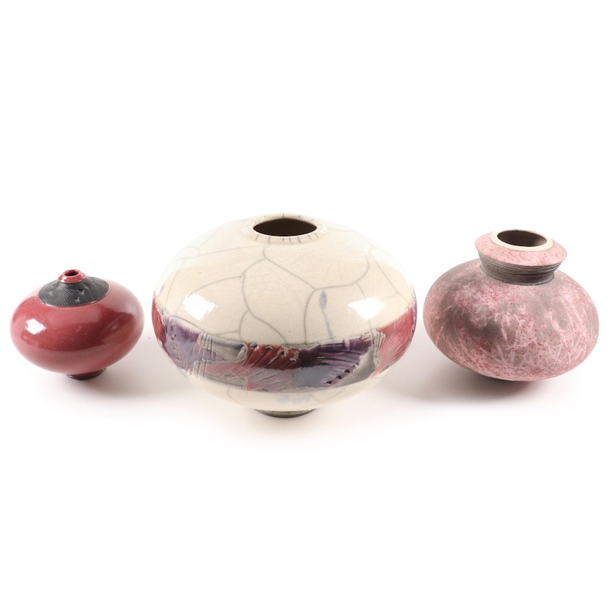 Gregg Neal and Robert Rainsford Smith Decorated Raku Pottery Vessels