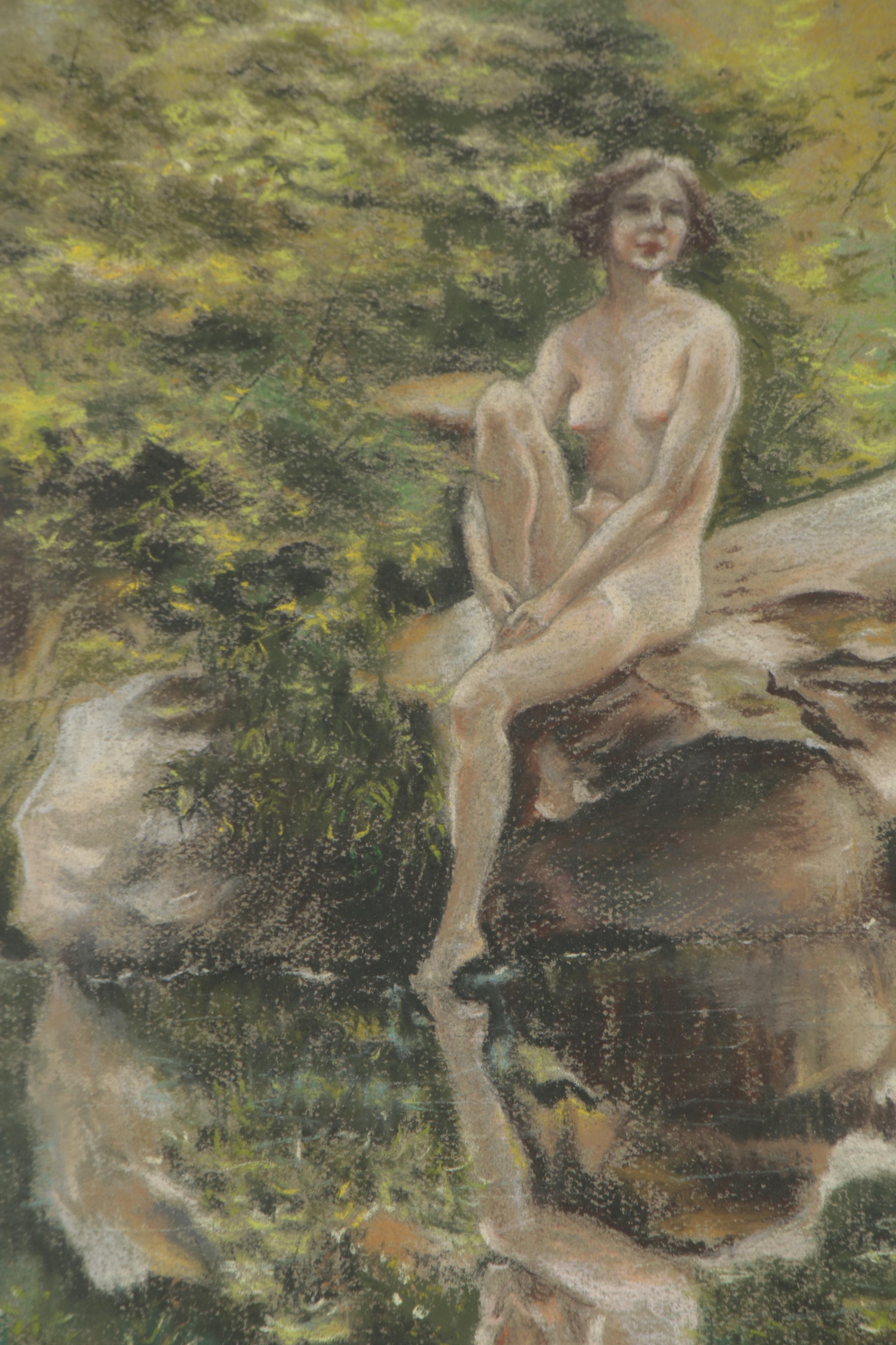 Pastel Drawing of a Female Nude in a Landscape, 20th Century