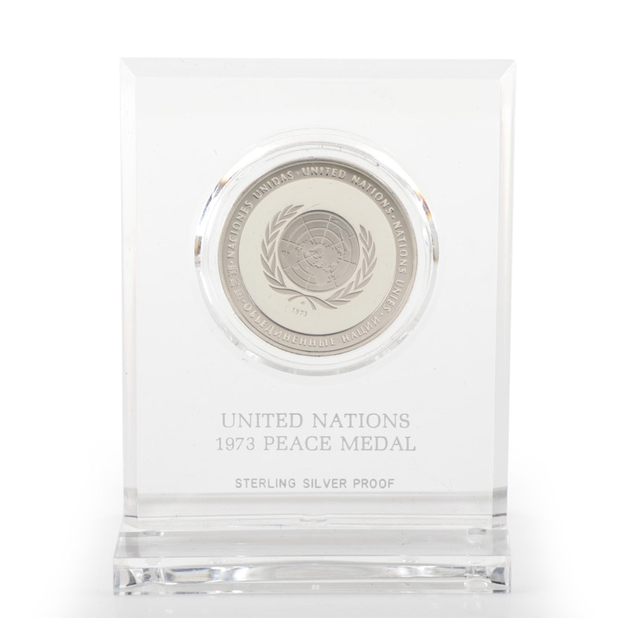 Franklin Mint Sterling Silver UN Peace Medal, 1973