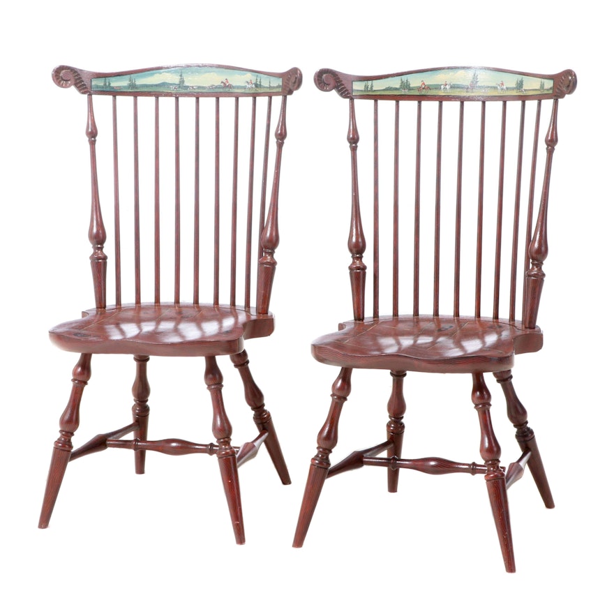 Pair of Grain-Painted Comb-Back Windsor Side Chairs with Fox Hunting Scenes