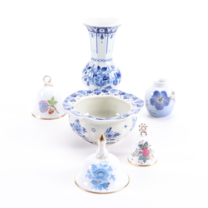 Herend Porcelain Annual  Bells with Royal Delft and Royal Copenhagen Vases