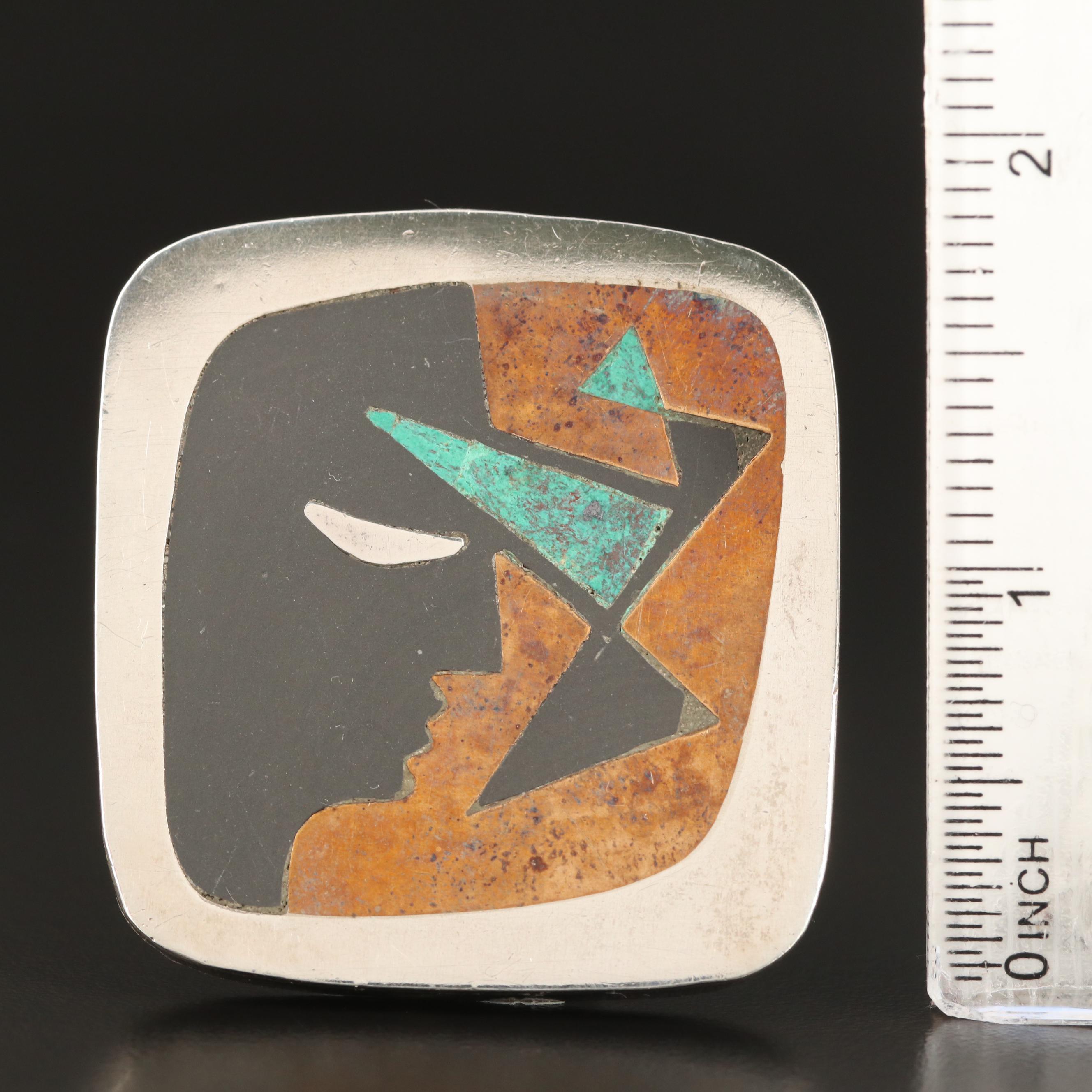 Los Costillos Taxco Mexico Sterling Silver Turquoise and Black Onyx Brooch