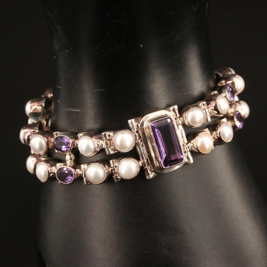 Sterling Silver Amethyst and Pearl Double Strand Bracelet