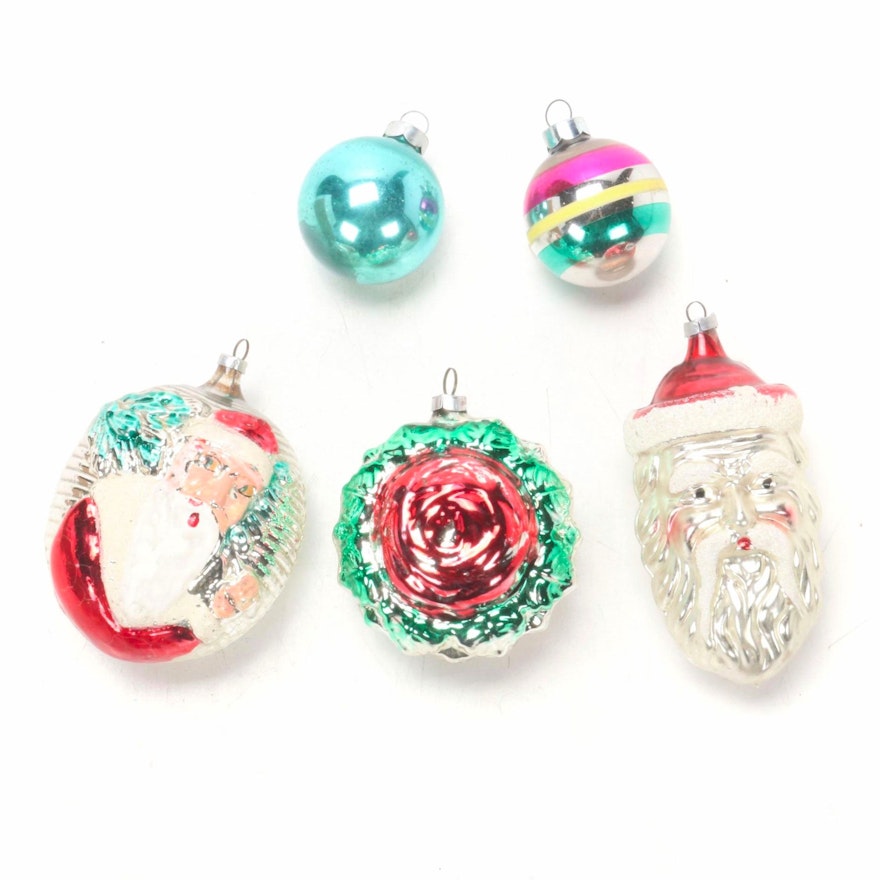 Santa, Wreath and Bulb Glass Christmas Tree Ornaments, Mid-20th C.