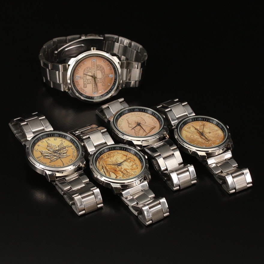 Quartz Wristwatch Collection with Replicated World Coin Dials