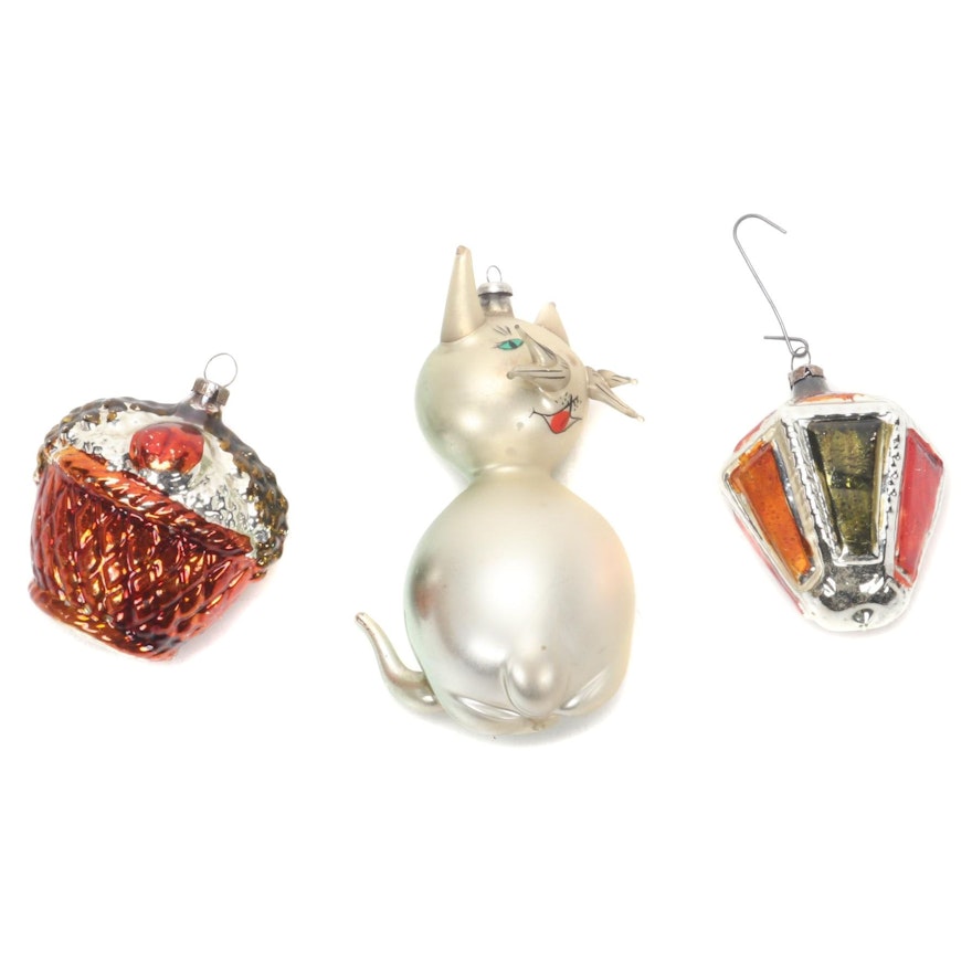 Cat, Acorn and Lantern Glass Christmas Tree Ornaments, Early to Mid 20th Century
