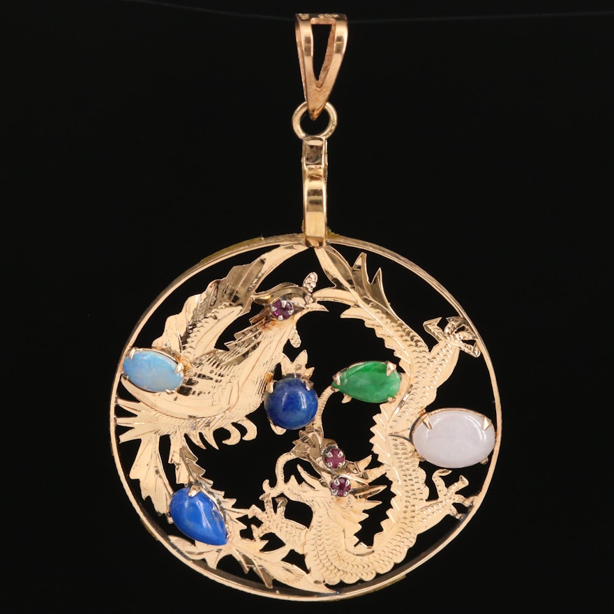 14K Phoenix and Dragon Pendant with Lapis Lazuli, Opal, Jadeite and Ruby