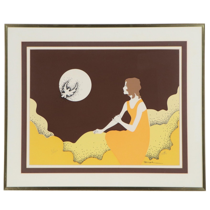 Serigraph of Woman Sitting in Moonlight, Late 20th Century