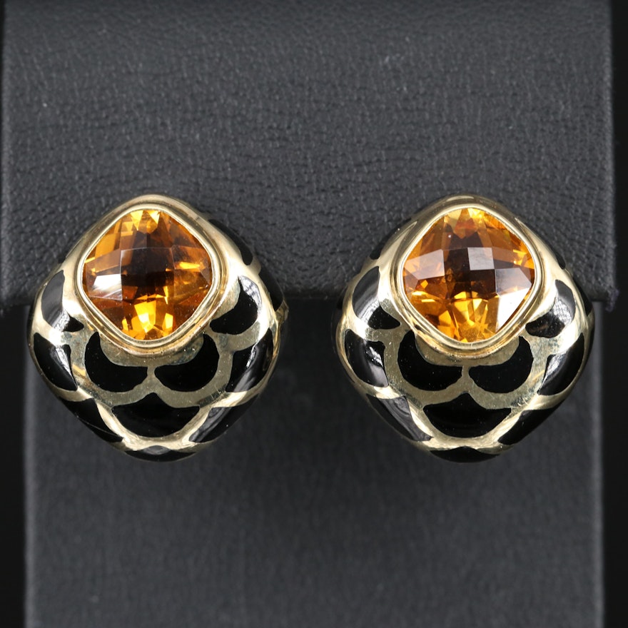 14K Citrine and Champlevé Clip Earrings