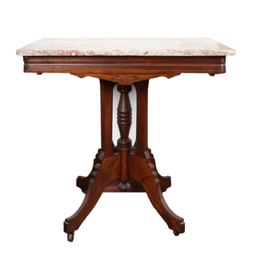 Victorian Eastlake Walnut and Marble Top Parlor Table, Late 19th/Early 20th C.