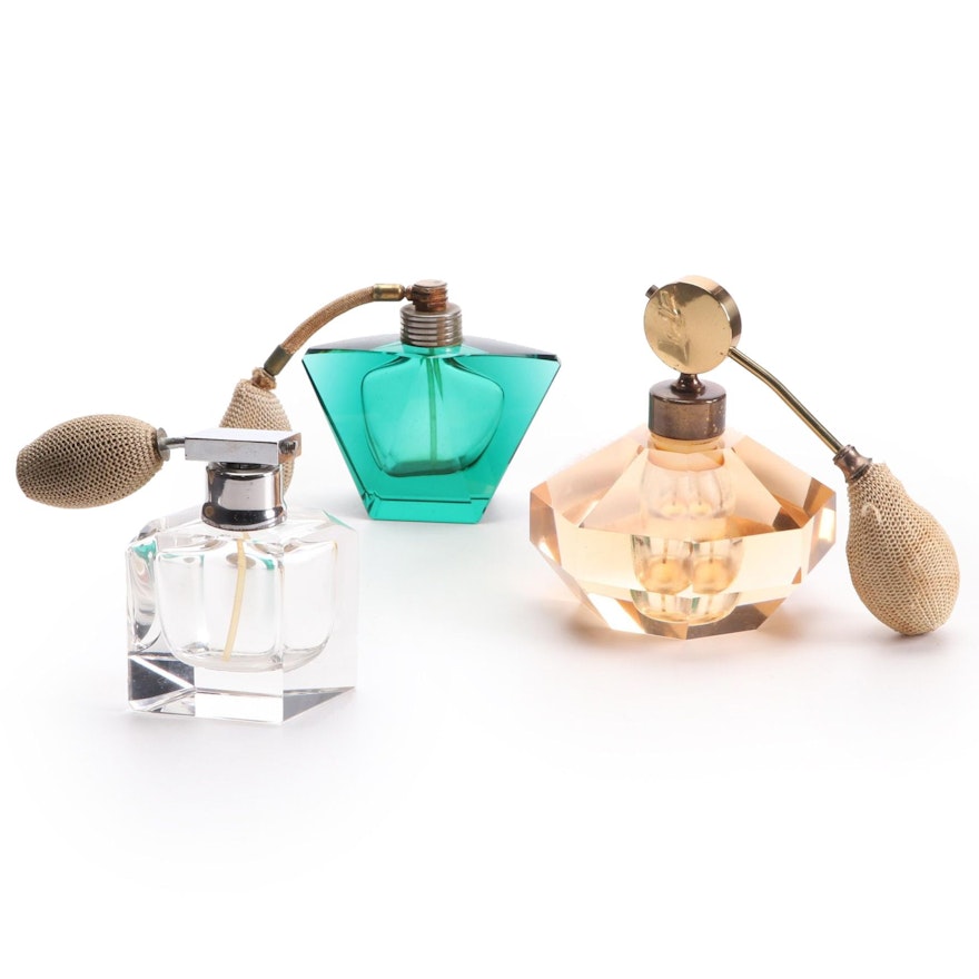Three Cut Glass Perfume Atomizers. Mid to Late 20th Century