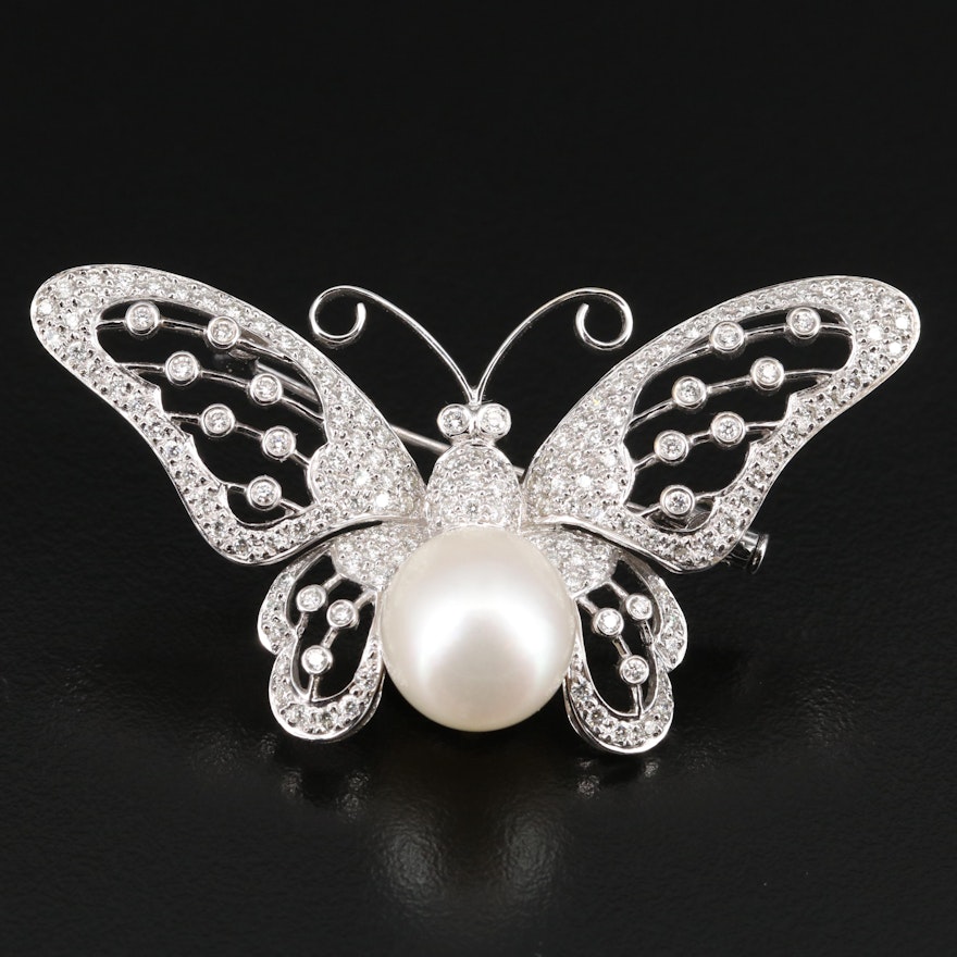 14K Pearl and 1.73 CTW Diamond Butterfly Brooch