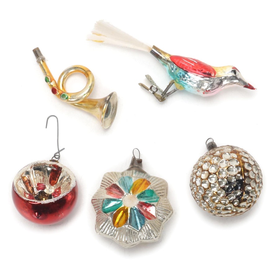 Mercury Glass Bird Clip and Other Christmas Ornaments, Early  20th Century