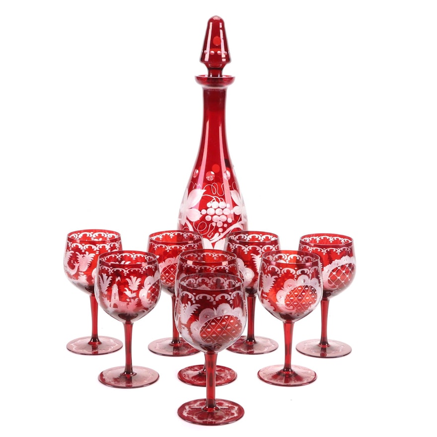 Egermann Czechoslovakian Ruby Cut to Clear Decanter and Wine Glasses