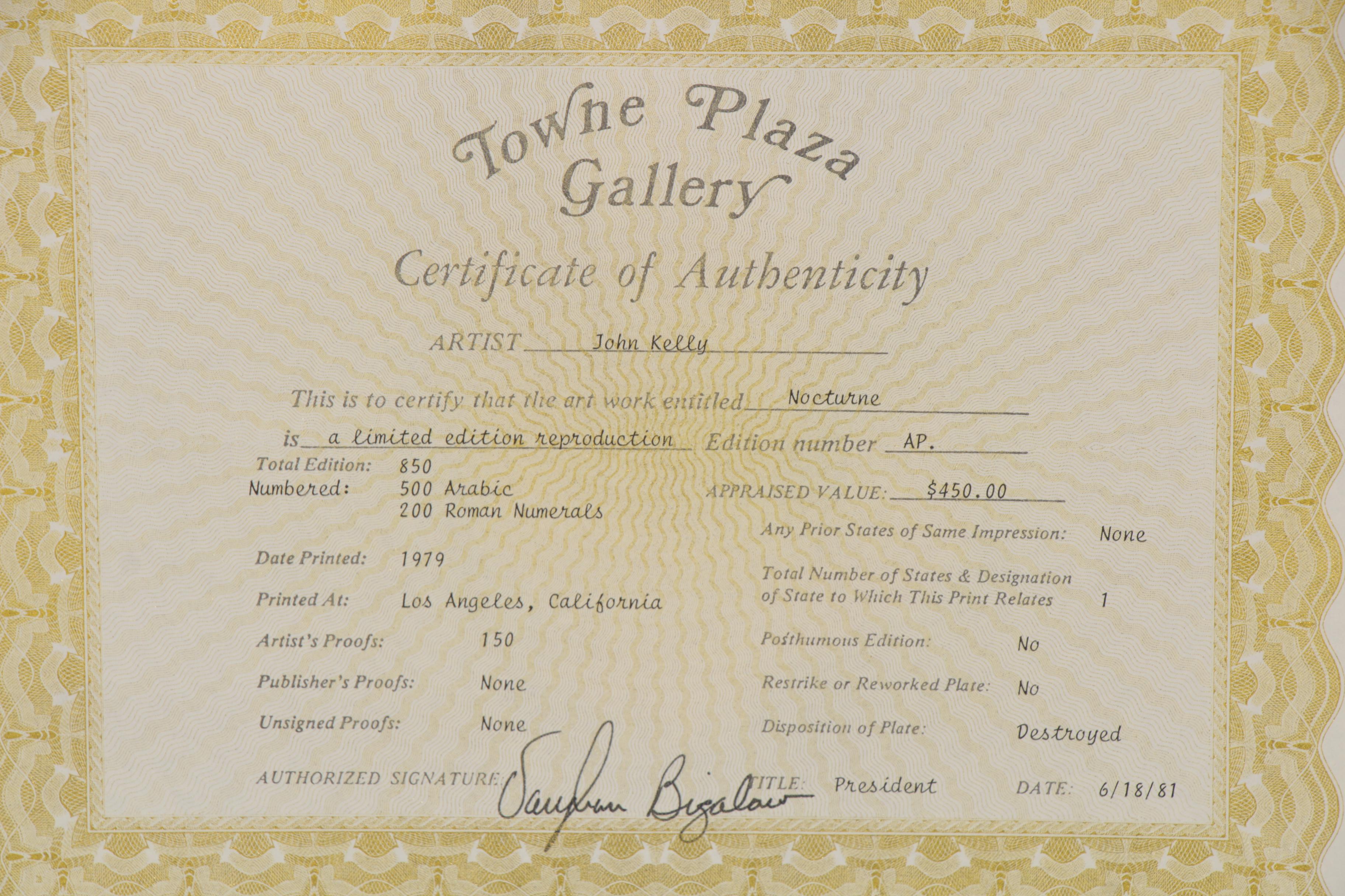 John Kelly Offset Lithograph "Nocturne," Late 20th Century