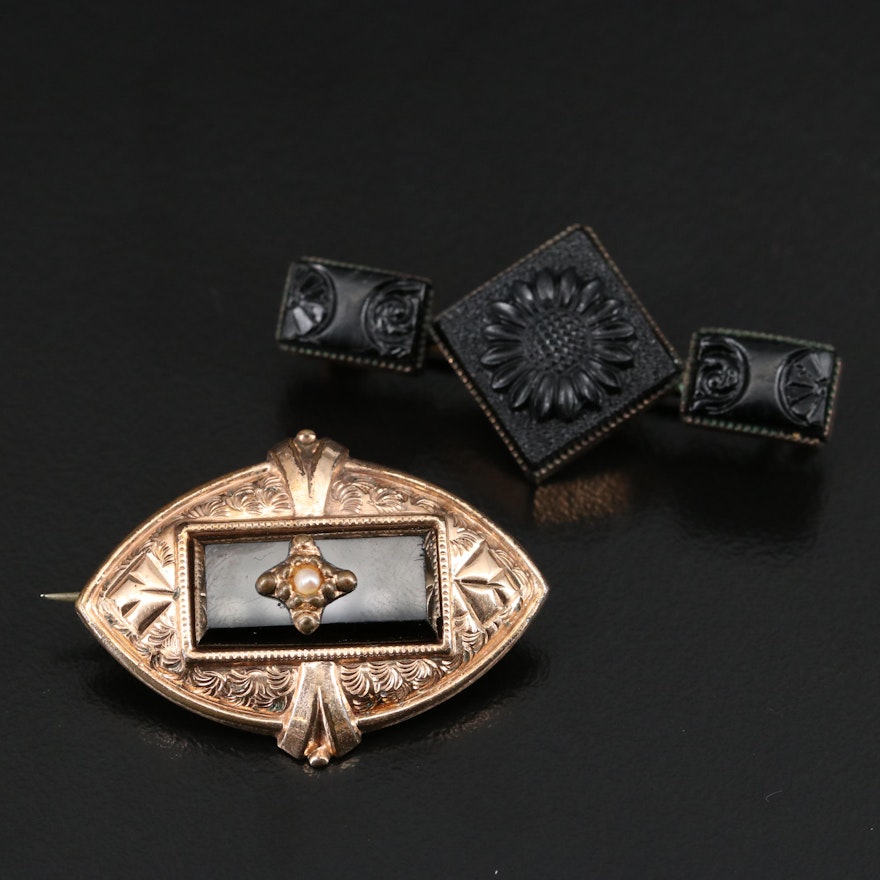 Victorian Seed Pearl and Jet Mourning Brooches