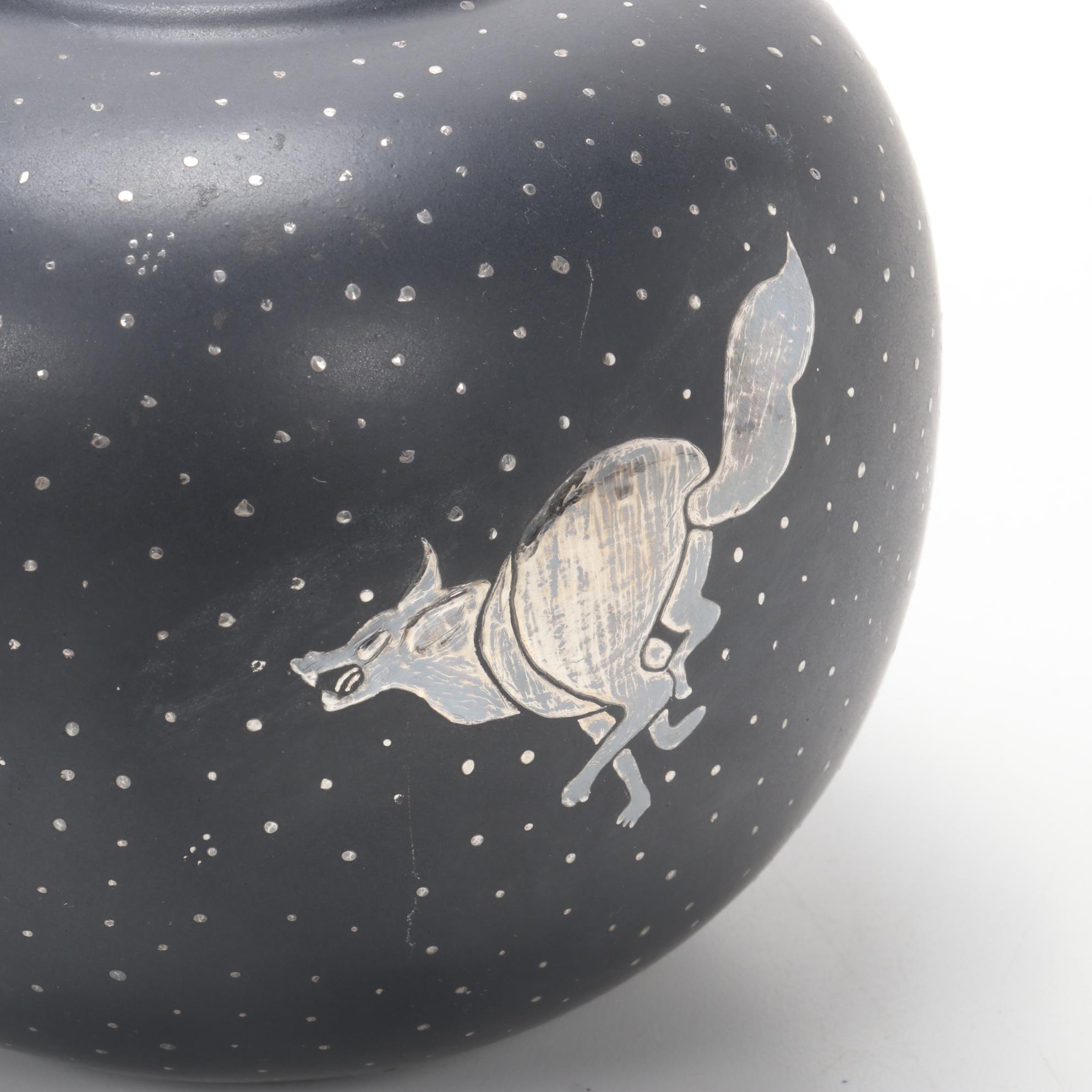 Los Castillo Plata Pura  Mexican Silver Inlay Ceramic Bulbous Vase, 1990