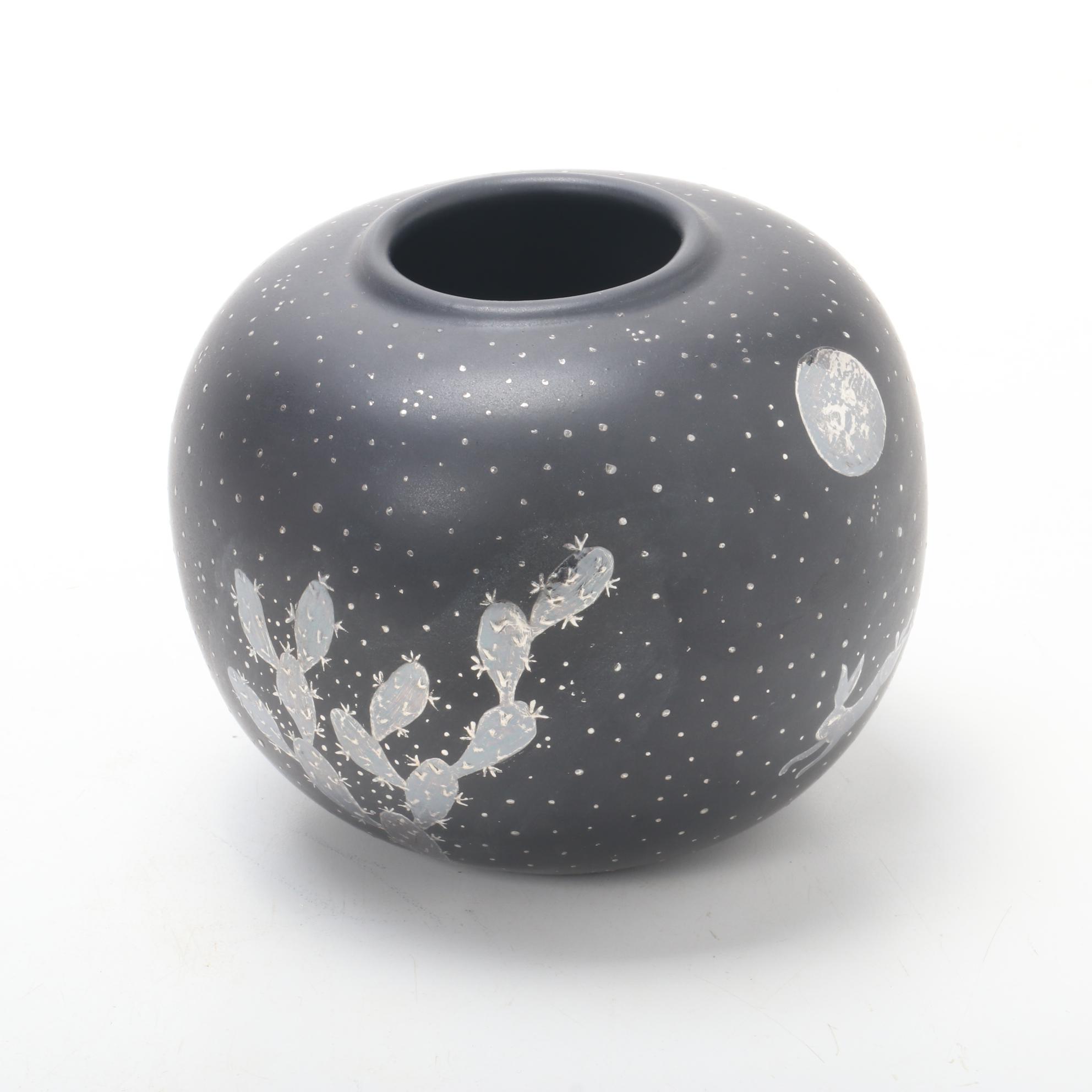 Los Castillo Plata Pura  Mexican Silver Inlay Ceramic Bulbous Vase, 1990