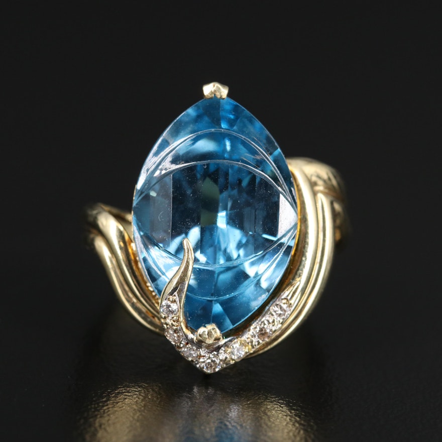 14K 15.16 CT Marquise Topaz and Diamond Ring