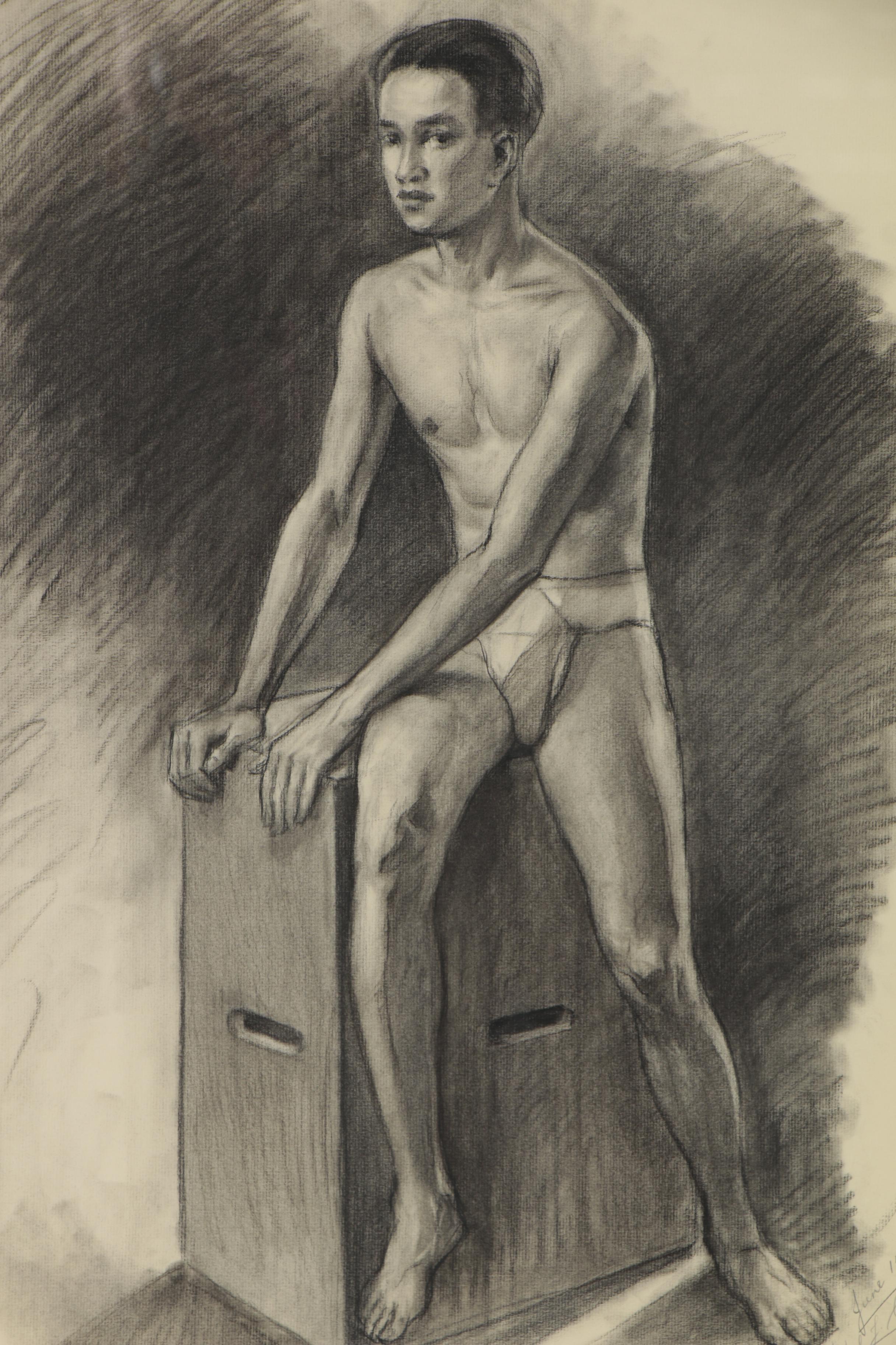 Noel J. Cortes Charcoal Drawing Figure Study, 1936
