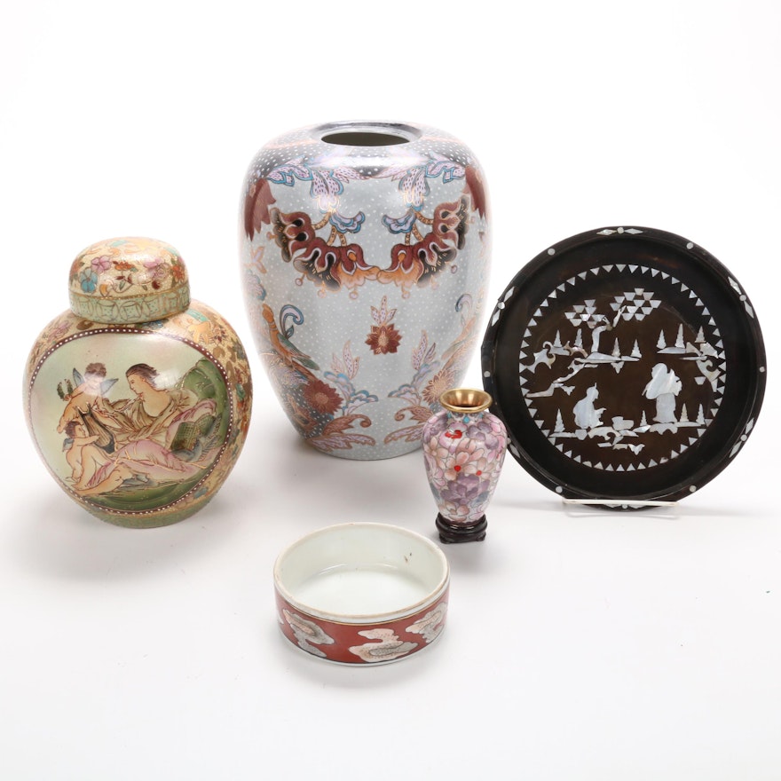 Chinese Ginger Jars, Cloisonné Bud Vase, Bowl and Mother-of-Pearl Inlaid Plate