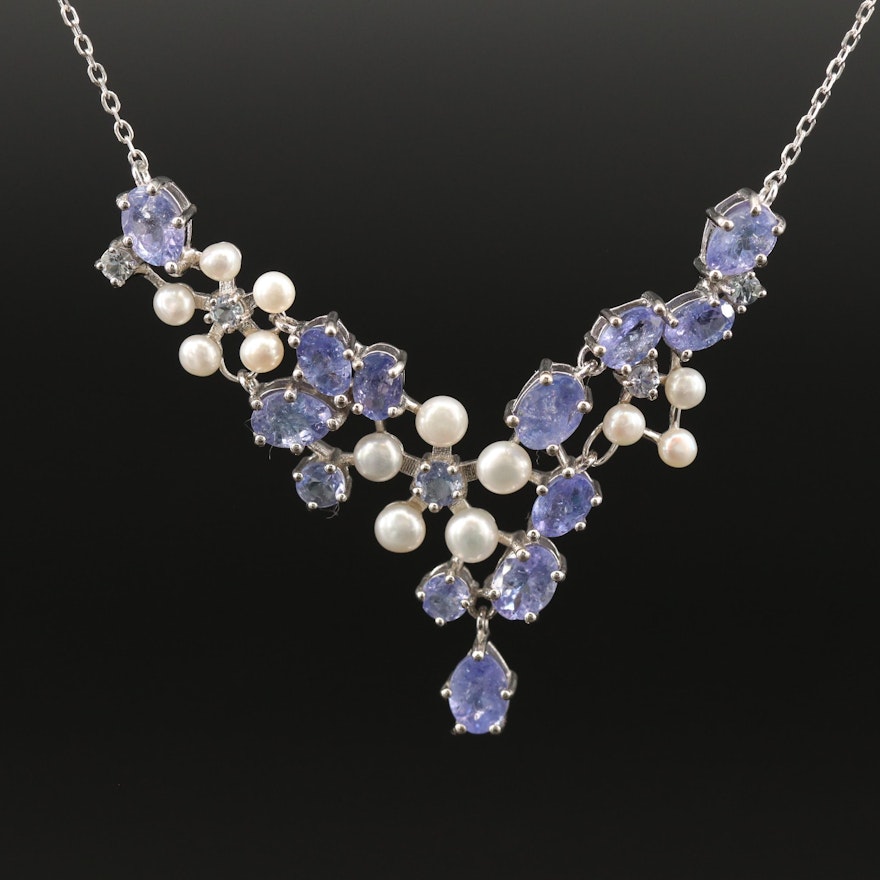Sterling Silver Tanzanite and Pearl Stationary Pendant Necklace