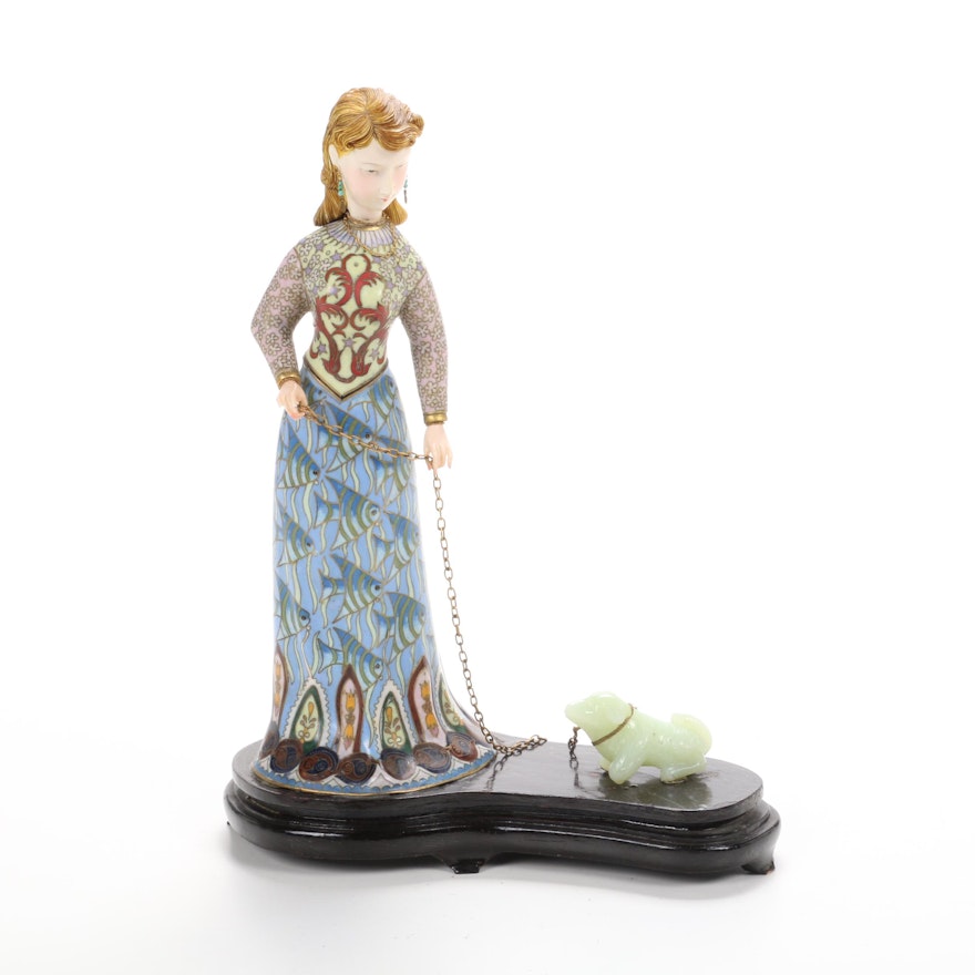 Chinese Style Cloisonné Woman with Carved Stone Dog Figurine