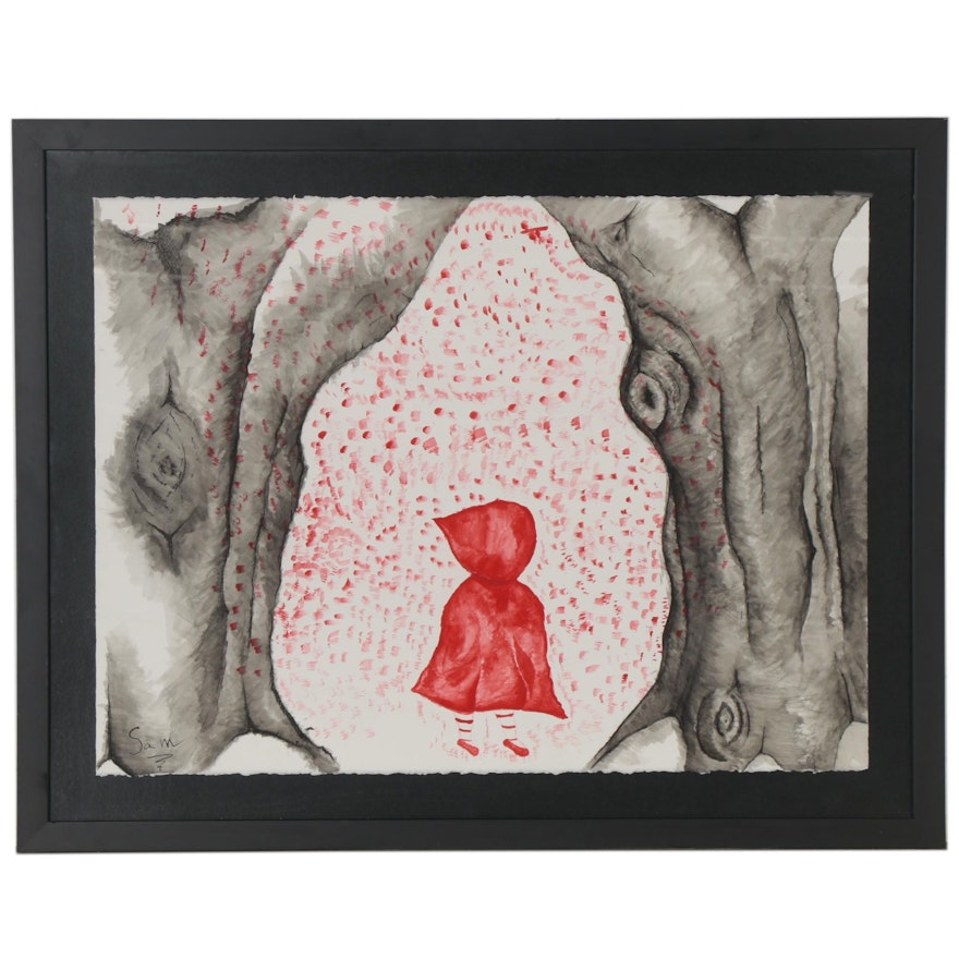 Watercolor and Ink Painting of Little Red Riding Hood