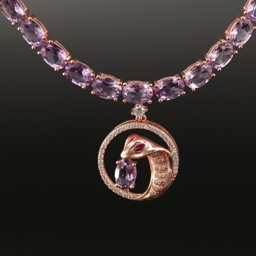 Sterling, Amethyst, Ruby and Cubic Zirconia Cobra Stationary Pendant Necklace