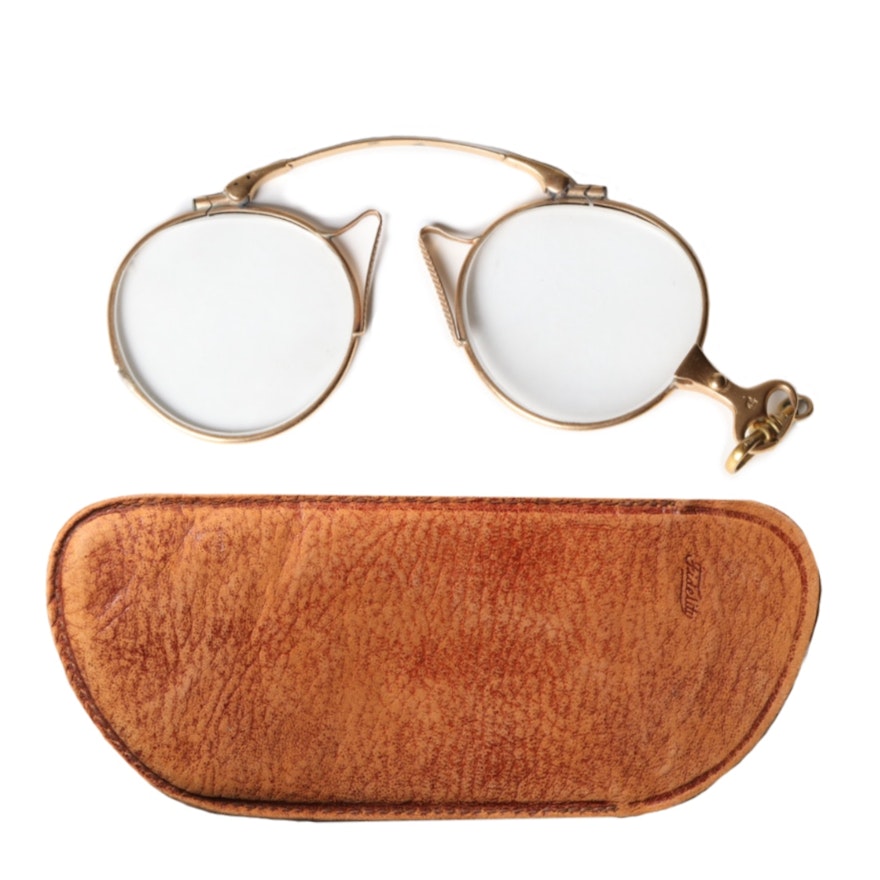 14K Yellow Gold Prescription Pinch-Nose Glasses and Leather Case