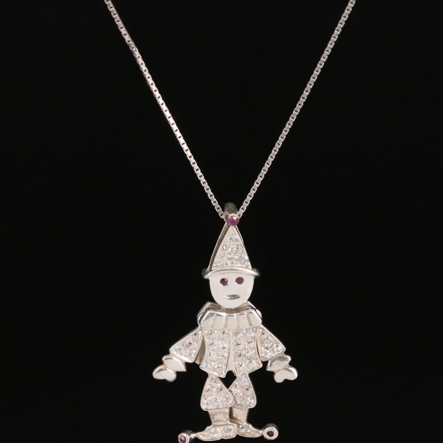 Sterling Ruby and Cubic Zirconia Articulated Clown Pendant Necklace