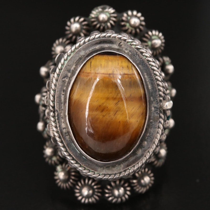 Alfredo Villasana Sterling Silver Tiger's Eye Cannetille Poison Adjustable Ring