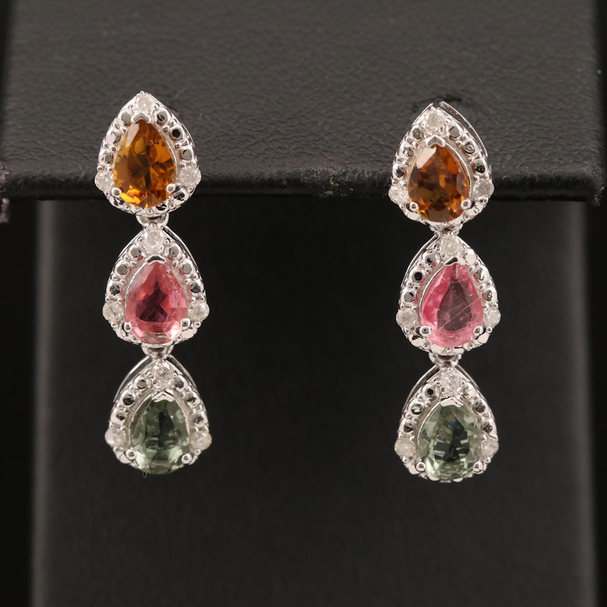 Sterling Silver Citrine, Tourmaline, Prasiolite, and Diamond Earrings